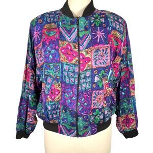Vintage Ride Floral Lightweight Bomber Jacket S Purple Pink Full Zip Pockets
